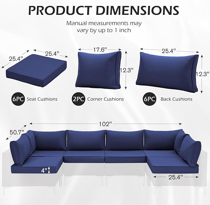 HOMREST 14-Piece Outdoor Patio Cushions, 25x25 Deep Seat Replacement, Water Resistant & Non-Slip for 6-Seat Wicker Sectional Sofa,Navy Blue