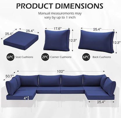 HOMREST 14-Piece Outdoor Patio Cushions, 25x25 Deep Seat Replacement, Water Resistant & Non-Slip for 6-Seat Wicker Sectional Sofa,Navy Blue