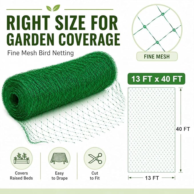 Garden Netting, 13 x 40 FT Bird Netting for Garden Plant Protection, Reusable Fine Mesh for Fruit Trees, Vegetable Plants, Blueberry Bushes, Raised Beds, Chicken Coop (13x40ft)