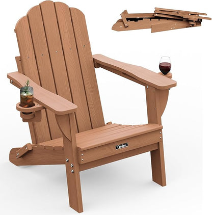 Folding Adirondack Chair,All-Weather HDPE Fire Pit Chair with 2 Cup Holders, Plastic Outdoor Chair for Patio Deck Garden Lawn, Teak