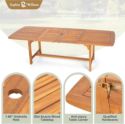 Sophia & William Acacia Wood Expandable Patio Dining Table for 6-8, Outdoor Oil Finish Extending Rectangular Wooden Picnic Table with 1.97" Umbrella Hole, Natural Wood Table for Porch Yard Deck, Teak