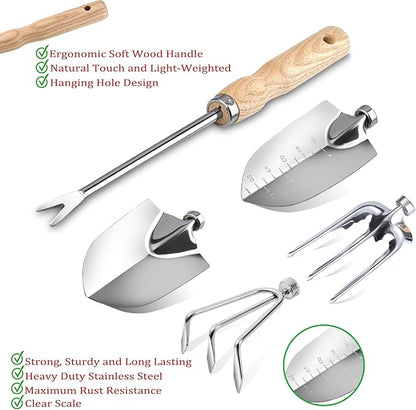 10-Piece Heavy-Duty Gardening Tools Set with Tote Bag - Rust-Proof Aluminum Gardening Hand Tools with Non-Slip Ergonomic Wood Handle - Gardening Supplies Set Ideal Gift for Men & Women