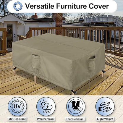 OutdoorLines Outdoor Waterproof Patio Table Furniture Set Covers - Rectangle Couch Sectional Cover Outside Weatherproof Patio Furniture Covering for Deck, Lawn and Backyard 110"L x 84"W x 28"H, Camel