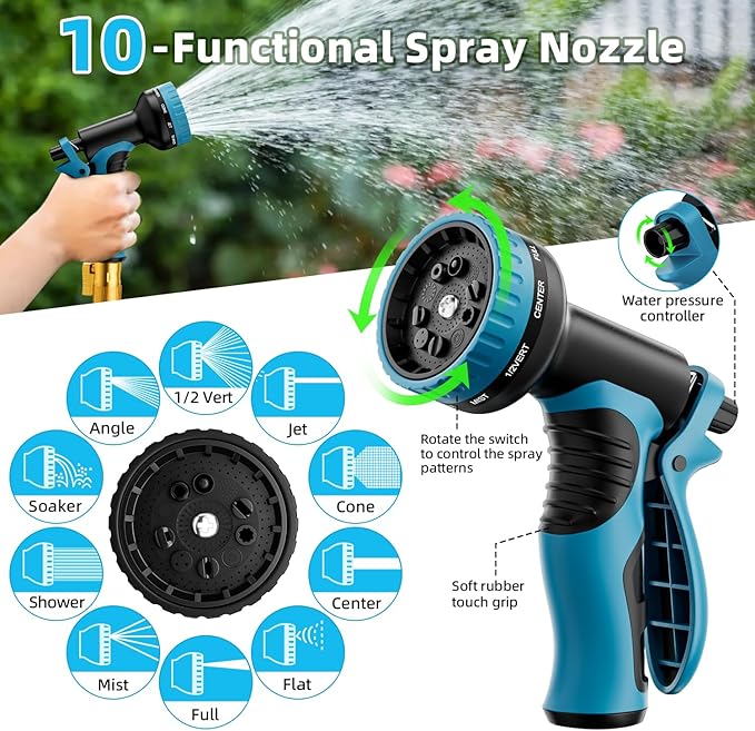 Garden Hose, Non-Expandable Water Hose 125 ft, Flexible, Kink & Leak Proof Water Pipe with 10-Function Spray Nozzle, Lightweight Outdoor Hose for Yard, Lawn, Car Wash, RV and Home Use