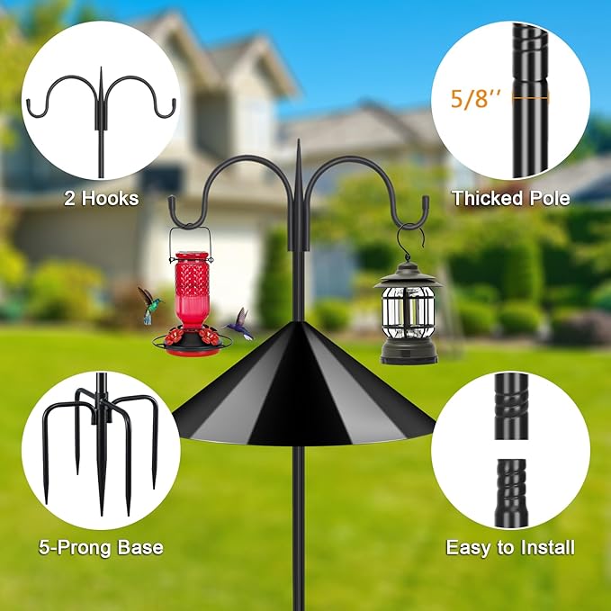 FEED GARDEN Bird Feeder Pole Squirrel Proof 92" Heavy Duty Shepherds Hook for Outdoor, Double Hooks with 19" Squirrel Baffle, 5-Prong Base Adjustable Bird Feeder Stand for Plants & Lanterns