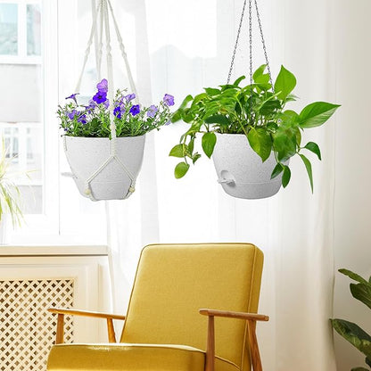 10 inch Self Watering Hanging Planters, 2 Pack Hanging Baskets for Indoor Outdoor Plants, Hanging Flower Pots with Drainage Holes and 2 Kinds of Plant Hangers for Garden Decor, Speckled White