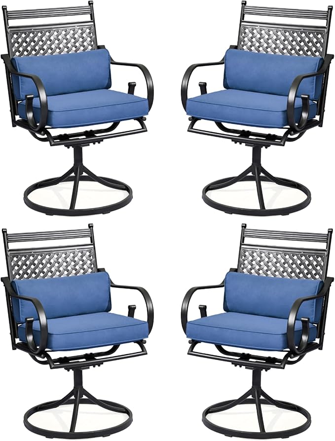 MELLCOM Patio Swivel Chair Set of 4, Heavy Duty Outdoor Dining Chairs with Cushions and Lumbar Pillows, Metal Patio Chairs Gentle Rocker for Outside, Garden Lawn & Porch, Backyard, Blue
