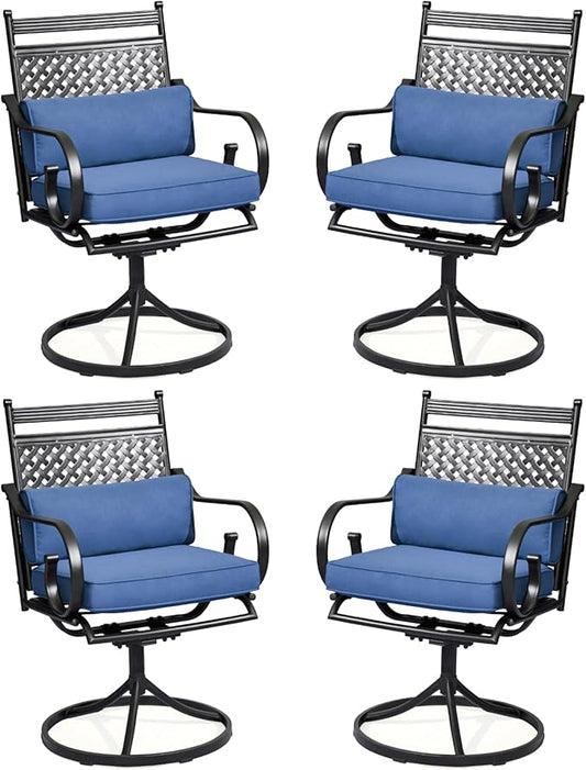 MELLCOM Patio Swivel Chair Set of 4, Heavy Duty Outdoor Dining Chairs with Cushions and Lumbar Pillows, Metal Patio Chairs Gentle Rocker for Outside, Garden Lawn & Porch, Backyard, Blue