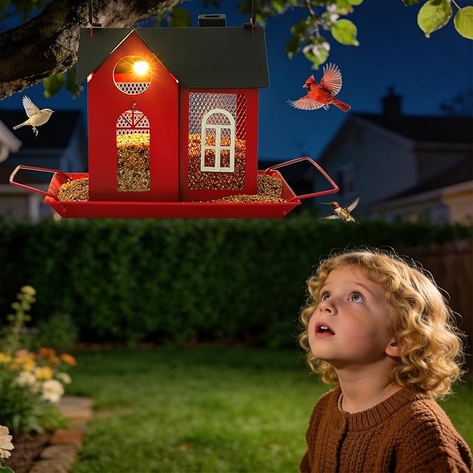 Solar Bird Feeder for Outdoors - Red Metal Hanging Bird Feeder with Solar Light, Decorative for Wild Cardinals, Finches, Weatherproof Backyard Garden Decor Ideal Gift for Women Mom Grandma