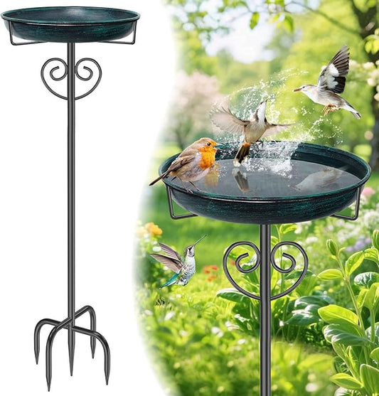 Metal Bird Bath for Outdoor, Garden Freestanding Birdbaths & Birdfeeders with Removable Bird Baths Feeder Bowl with 5 Prong Base Stake for Outside Garden Patio Yard Lawn Decor (Vintage Green)