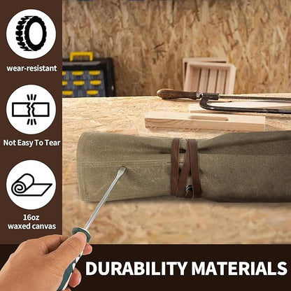 Chisel Roll,Small Tool Roll Pouch,Tool Roll Bag Organizer, Heavy Duty Waxed Canvas Tool Bag, Multi-Purpose Roll-Up Storage Bag for Hand Tools Holder with 6 Pockets Wrench Roll Up Pouch
