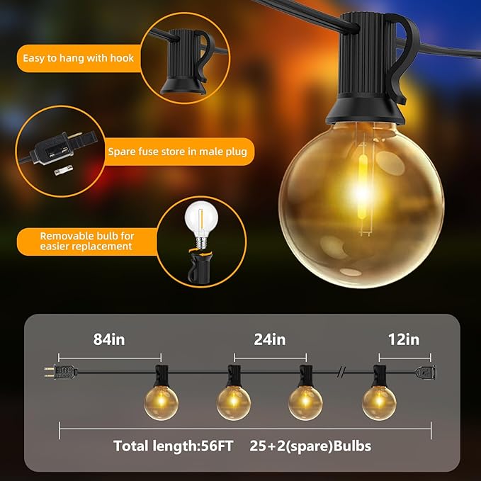 56Ft Outdoor String Light: G40 Waterproof Patio Lights with 25+2 Shatterproof Bulbs-Connectable Hanging Christmas Lights for Backyard, Porch, Deck, Balcony, Garden, Home Decor