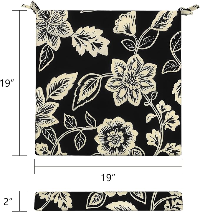 LVTXIII Outdoor Chair Cushions, Fade-Resistant Patio Furniture Cushions Outdoor Chair Pads with Ties for Dining Chairs and Garden Furniture Use, 19"x19"x2" 2 Pack, Elegant Vines Black