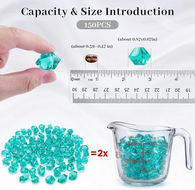 DomeStar Teal Fake Ice Rocks, 150PCS Acrylic Gems Crystals Plastic Shamrock Diamonds Centerpiece for Vase Fillers DIY Craft Wedding Party Table Scatter Decorations