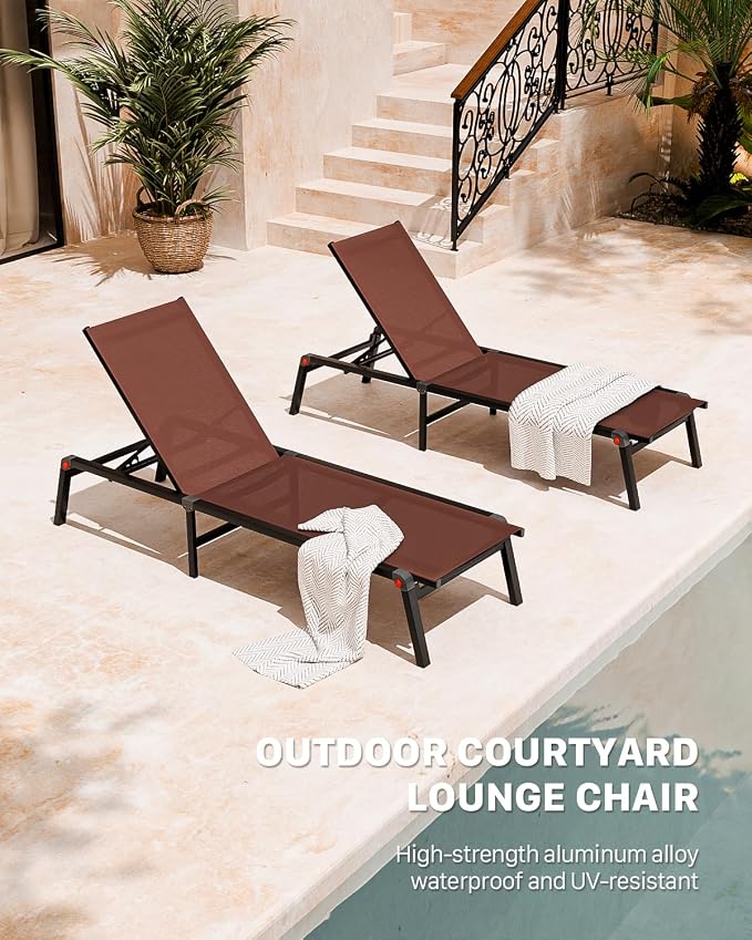 Patio Lounge Chair, Aluminum Foldable 5-Position, 1 Pack,Brown | Lightweight rustproof aluminum. Breathable quick-dry fabric. Full flat recline for sunbathing. Poolside, deck, beach, lawn.