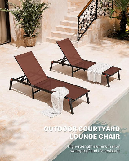 Patio Lounge Chair, Aluminum Foldable 5-Position, 1 Pack,Brown | Lightweight rustproof aluminum. Breathable quick-dry fabric. Full flat recline for sunbathing. Poolside, deck, beach, lawn.