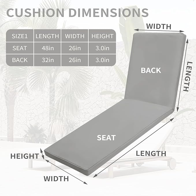 Outdoor Chaise Lounge Cushions for Patio, Lounge Chair Cushions, Waterproof Replacement Seat Pads for Outdoor Furniture (2, Grey, 80"x26"x3")