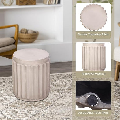 Afterglow Terrafab Material Outdoor Round Side Table, Natural Decorative Garden Stools, Unique End Table for Living Room Bedroom Patio Home Decor,Off-White