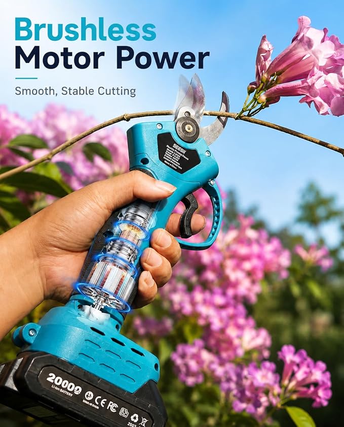 SEESII Electric Pruning Shears, 1.4" Cutting Cordless Power Pruner, 2 * 2000mAh Batteries, Brushless Motor, Extra SK5 Blade, 2 Modes Battery Powered Branch Cutter for Garden Tree Trimming