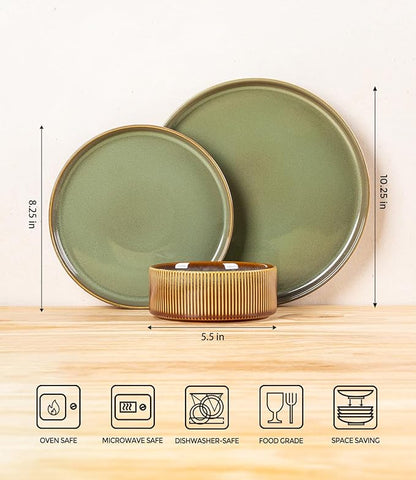 TheTerra Ceramic Dinnerware Sets for 8, 24 Pieces Porcelain Lightweight Plates and Bowls Sets, Scratch Resistant Dish Set, Oven & Microwave & Dishwasher Safe, Sage Umber