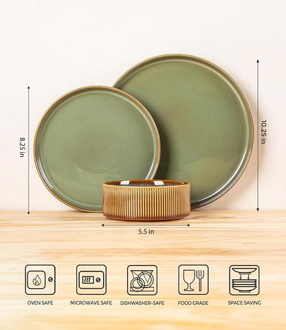 TheTerra Ceramic Dinnerware Sets for 6, 18 Pieces Porcelain Lightweight Plates and Bowls Sets, Scratch Resistant Dish Set, Oven & Microwave & Dishwasher Safe, Sage Umber