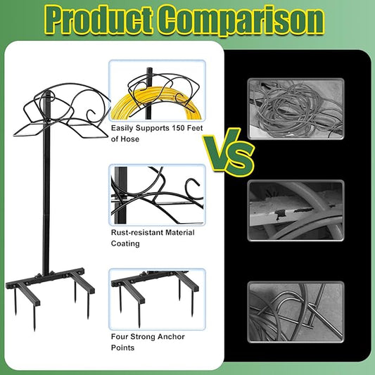 ULIOK Garden Hose Holder Freestanding, Water Hose Holders for Outside with Sturdy 4 Spikes, Hose Reel Holds 150-feet Hose, Hose Hanger Hose Storage for Yard, Lawn, Farm