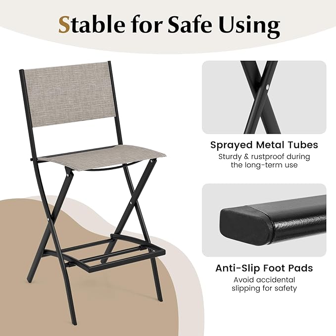 COSTWAY Outdoor Patio Bar Chair Set of 4, Folding Bar Height Stool with Metal Frame & Footrest, Patio Bar Stool for Balcony, Garden & Poolside (4, Coffee)