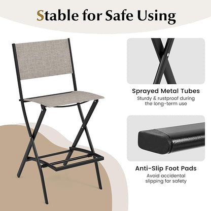 COSTWAY Outdoor Patio Bar Chair Set of 4, Folding Bar Height Stool with Metal Frame & Footrest, Patio Bar Stool for Balcony, Garden & Poolside (4, Coffee)
