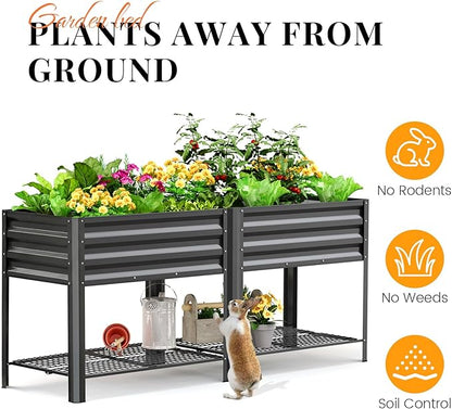 KING BIRD Large Raised Garden Bed with Legs & Storage Shelf Galvanized Elevated Planter Box for Backyard, Patio, Balcony, 600lb Capacity, Dark Grey 70.9x22.8x31.5 in