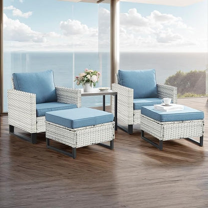 Wicker Outdoor Patio Furniture Set - 5 Piece Patio Conversation Set with 2 Wicker Armrest Chairs,2 Rattan Ottoman and 1 Metal Side Table for Outside Porch Deck Backyard Garden(Light Grey/Sky Blue)