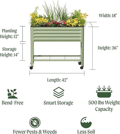 Rolling Elevated Raised Garden Bed - Slim Series, 1.5' x 3.5' Outdoor Planters Boxes with Legs & Storage Rack for Patio, 500 Lbs Weight Capacity, Raised Beds for Gardening Herbs Flowers, Olive Green