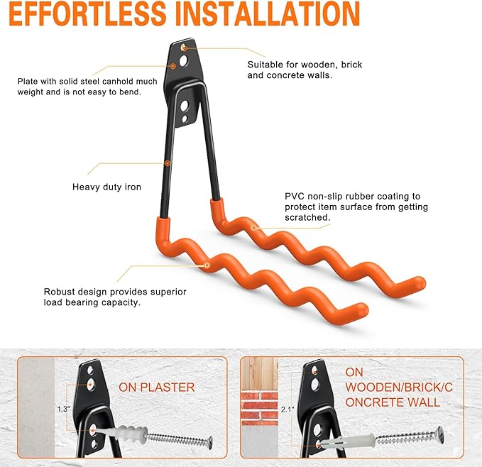 HUPBIPY Heavy Duty Garage Hooks 4 Pack, 7.7 inch Wave Long Hanger, Wall Mounted Storage System, Power and Garden Tool Organizer, for Hanging Ladders, Bikes, Hose, Bulk Items and More