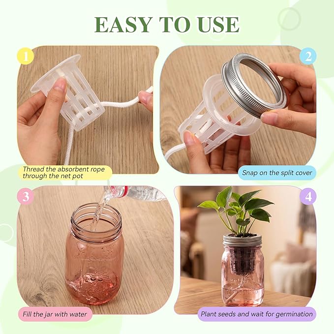 4 Set Colored Hydroponic Mason Garden Jar Bulk 16 oz Self Watering Herb Hydroponic Planter Kit with Planting Baskets Absorbent Cores for Indoor Herb Windowsill Garden Flower Grow Germination