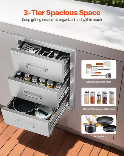 VEVOR Outdoor Kitchen Drawer Cabinets 16" W x 21.5" H x 18" D, BBQ Drawer Stainless Steel, Flush Mount Triple Access, with Handle, BBQ Island, Outdoor Grill Patio Grill Station