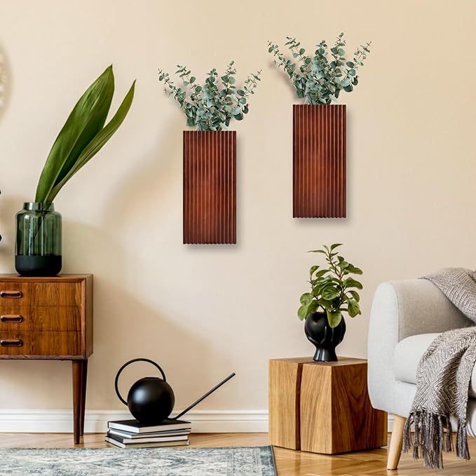 2PCS Wood Wall Planter for Indoor Plants, Wooden Hanging Planter for Dried Flowers and Artificial Greenery Plants, Wooden Pocket Vases,Modern Farmhouse Wood Wall Decor for Living Room,Bedroom,Bathroom