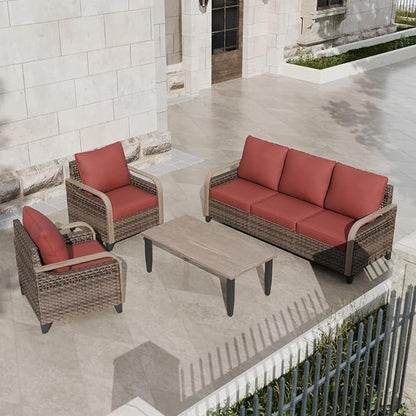 COOS BAY Modern Wicker Outdoor Furniture Set, Patio Conversation Set with Patio Chairs, 3 Seat Couch, and Side Table, 4 Piece, Brown/Red
