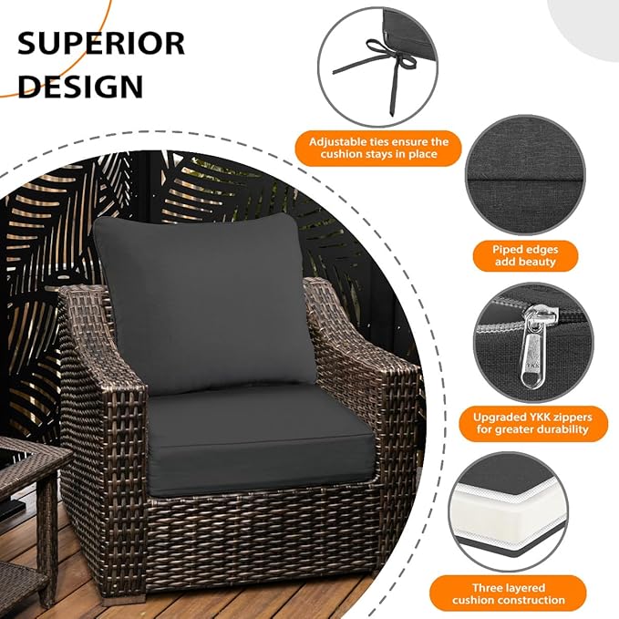 Sundale Outdoor Olefin Deep Seat Cushion, Patio Chair Cushion and Pillow, Water-Resistant Sectional Sofa Pad with Straps Dark Gray, 23 x 26 x 6 Inches
