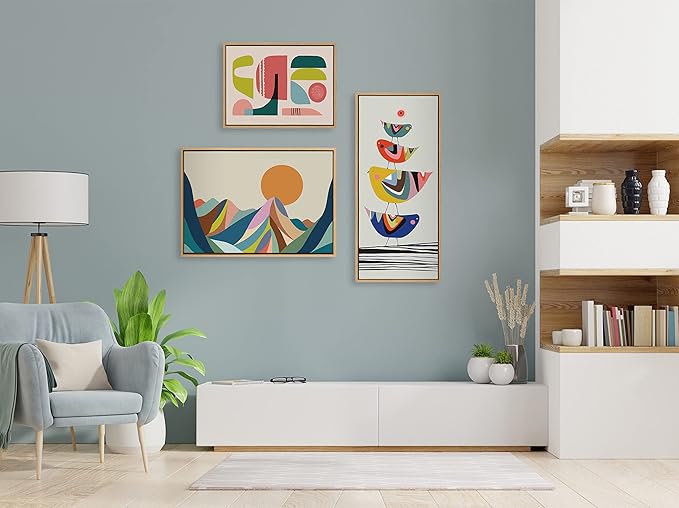 Kate and Laurel Sylvie The Family Tree Panel Framed Canvas Wall Art by Rachel Lee of My Dream Wall; 18x40 Natural; Adorable Block Print Bird Art for Wall