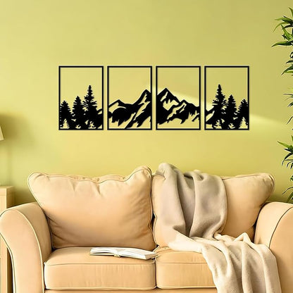 ESTART 4 Pcs Metal Wall Art, Large Mountains Wall Decor, Art Wall Décor Suitable For Living Room Dining Room Bedroom Office Indoor And Outdoor (Mountain Forest)