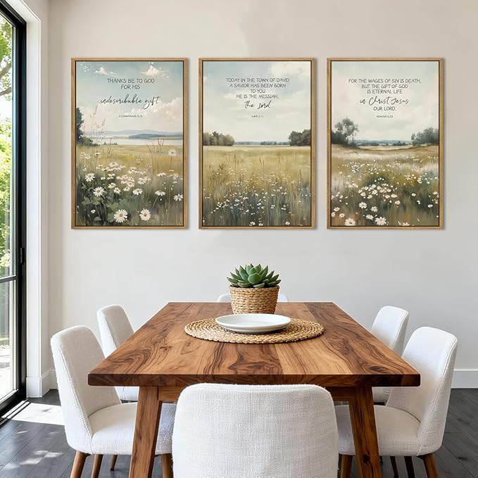 Anyzal Extra Large Framed Christian Wall Art 24x36 Inch Easter Bible Verse Canvas Artwork Scripture Wildflower Landscape Wall Decor for Living Room Bedroom Dining Room Set of 3