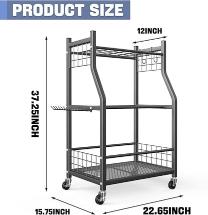 WALMANN Garden Tool Organizer with Wheels for Garage, Rakes/Shovels/Yard Tools Storage Stand for Garden, Shed, Indoor/Outdoor Long-Handled Tools Rolling Cart