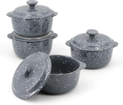 Individual Serving Pot Set of 4-10 Oz Ceramic Mini Cocotte with Handles & Lids - Great for Souffle, Soup, Cobbler, Stoneware Baking Ramekins, Oven Compatible,Gray