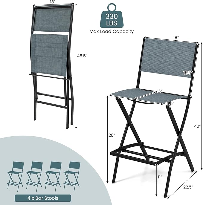 COSTWAY Outdoor Patio Bar Chair Set of 4, Folding Bar Height Stool with Metal Frame & Footrest, Patio Bar Stool for Balcony, Garden & Poolside (4, Blue)