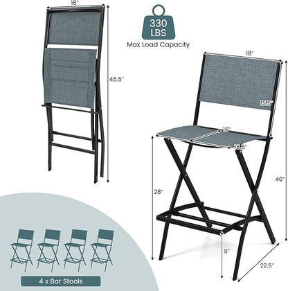 COSTWAY Outdoor Patio Bar Chair Set of 4, Folding Bar Height Stool with Metal Frame & Footrest, Patio Bar Stool for Balcony, Garden & Poolside (4, Blue)