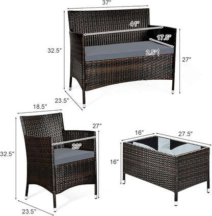 HAPPYGRILL 4 Pieces Patio Sofa Set Rattan Wicker Furniture Patio Conversation Set with Cushioned Sofa and Coffee Table for Outdoor Backyard Garden Poolside
