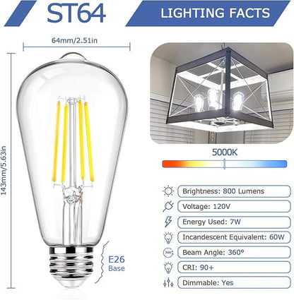 12Packs ST64 Large Vintage LED Edison Bulbs, 60W Equivalent 7W, 800Lumens, Dimmable Antique LED Filament, 5000K Cool White, E26 Medium Base Light Bulbs High Brightness Clear Glass for Bedroom Office