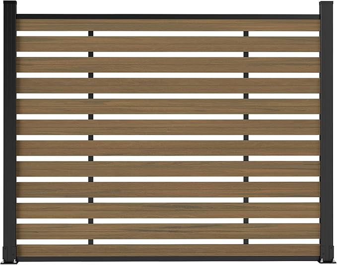 Outdoor Privacy Fence WPC, AC Unit Air Conditioner Screen 5 FT(H) x 6 FT(W) Trash Can with Aluminum Alloy Post, Decorative Fencing, Brown with 2 Post
