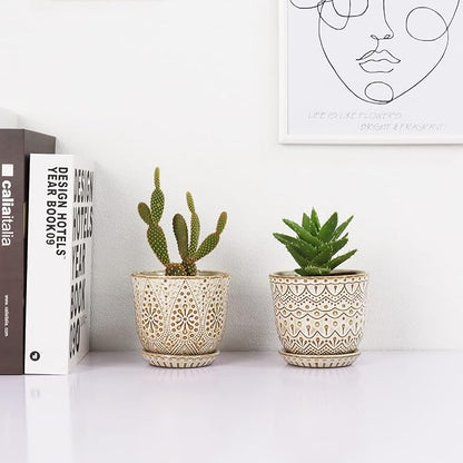 Gepege Succulent Pots, 4 Inch Small Indoor Ceramic Planter Pot with Drainage Holes and Saucers for Plants- Creamy White - Set of 4