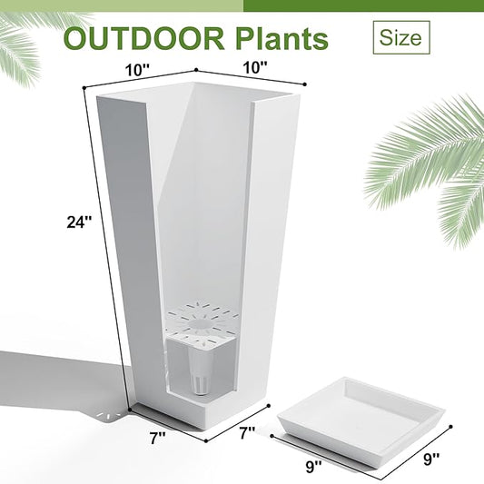 24-Inch Tall Planters Set of 2 for Outdoor and Indoor Use, Tapered Flower Pots with Drainage Tray, Front Porch and Patio Decor, Ideal for Large Plants – White