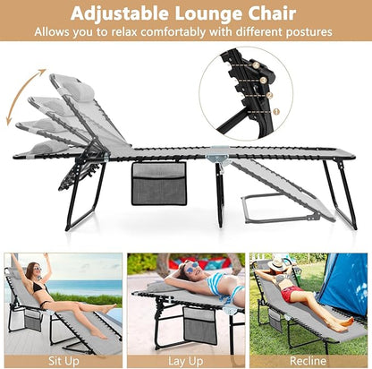 Giantex Patio Lounge Chairs for Outside - Folding Tanning Chair w/Headrest, 4 Adjustable Positions, Side Pocket, Outdoor Chaise Lounge for Camping, Pool, Sunbathing Beach Chair, Grey